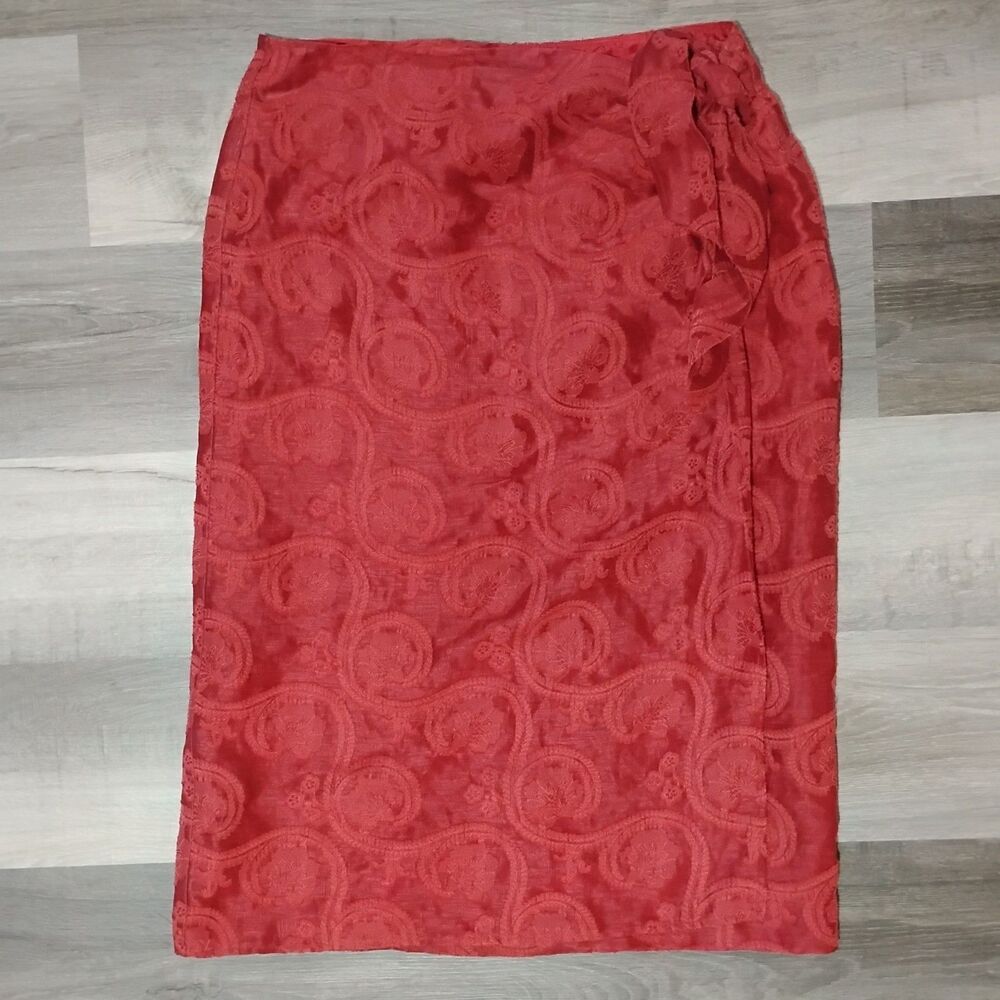 Talbots Red Wrap Skirt Women's Size 14 Long Embossed Floral Silk Linen Vintage